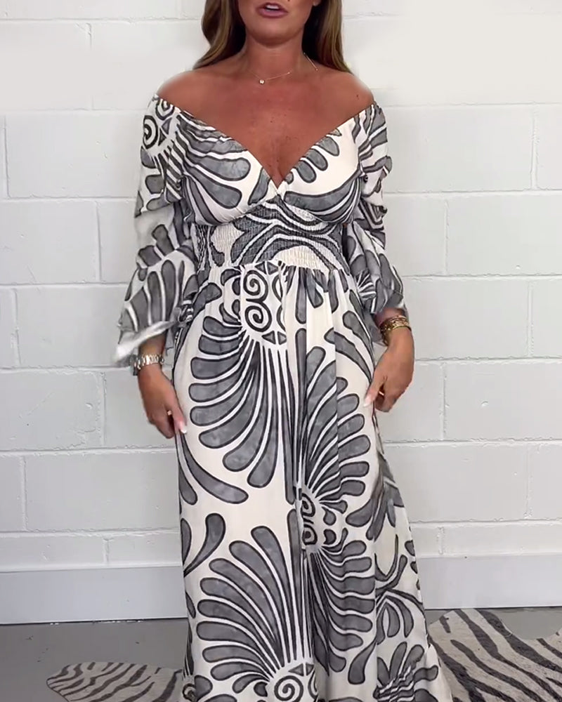 Myla | Loose Jumpsuit with Deep V-Retro Print and Bell Sleeves