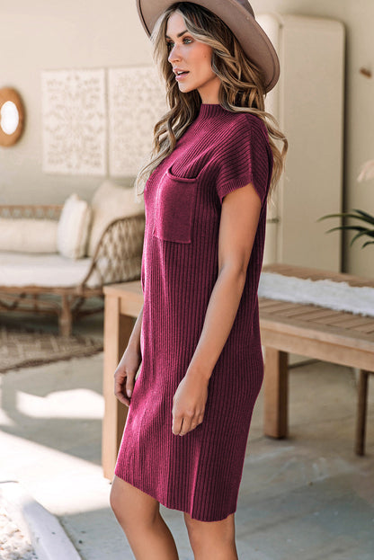 Myla | Red Knitted Dress with Short Sleeves and Patch Pocket for Women