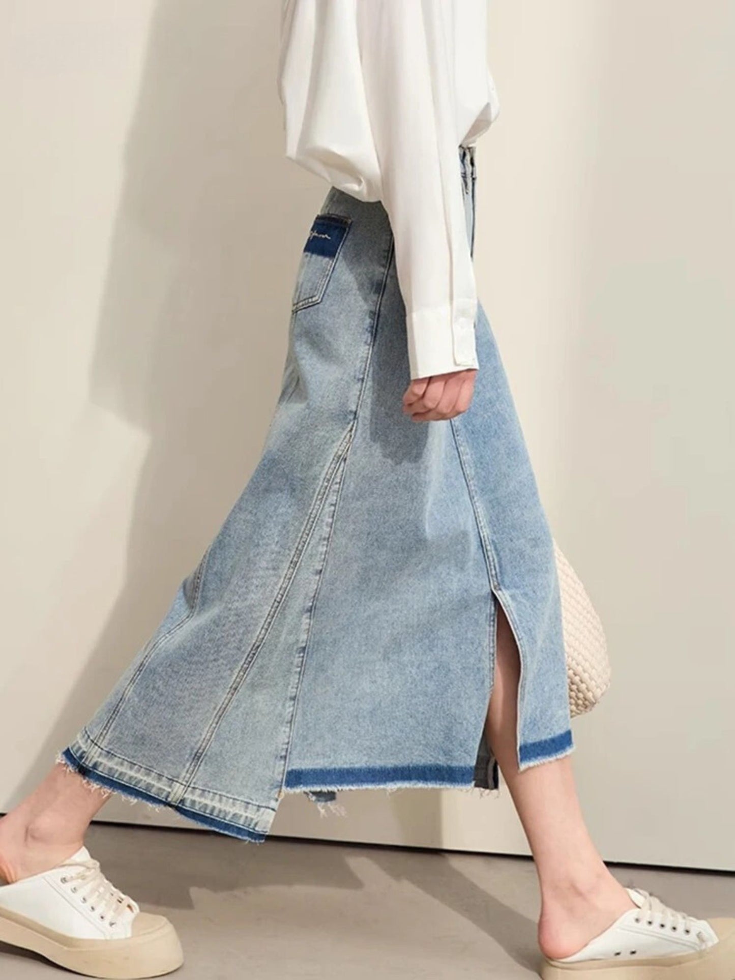 A-Line Denim Skirt with Distressed Hem