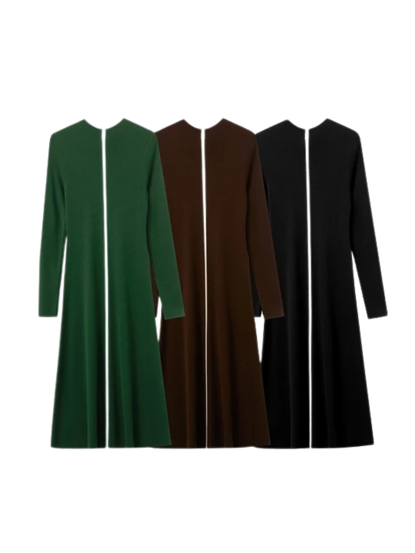 Color options for women's long-sleeve midi dress with front zipper in green, brown, and black