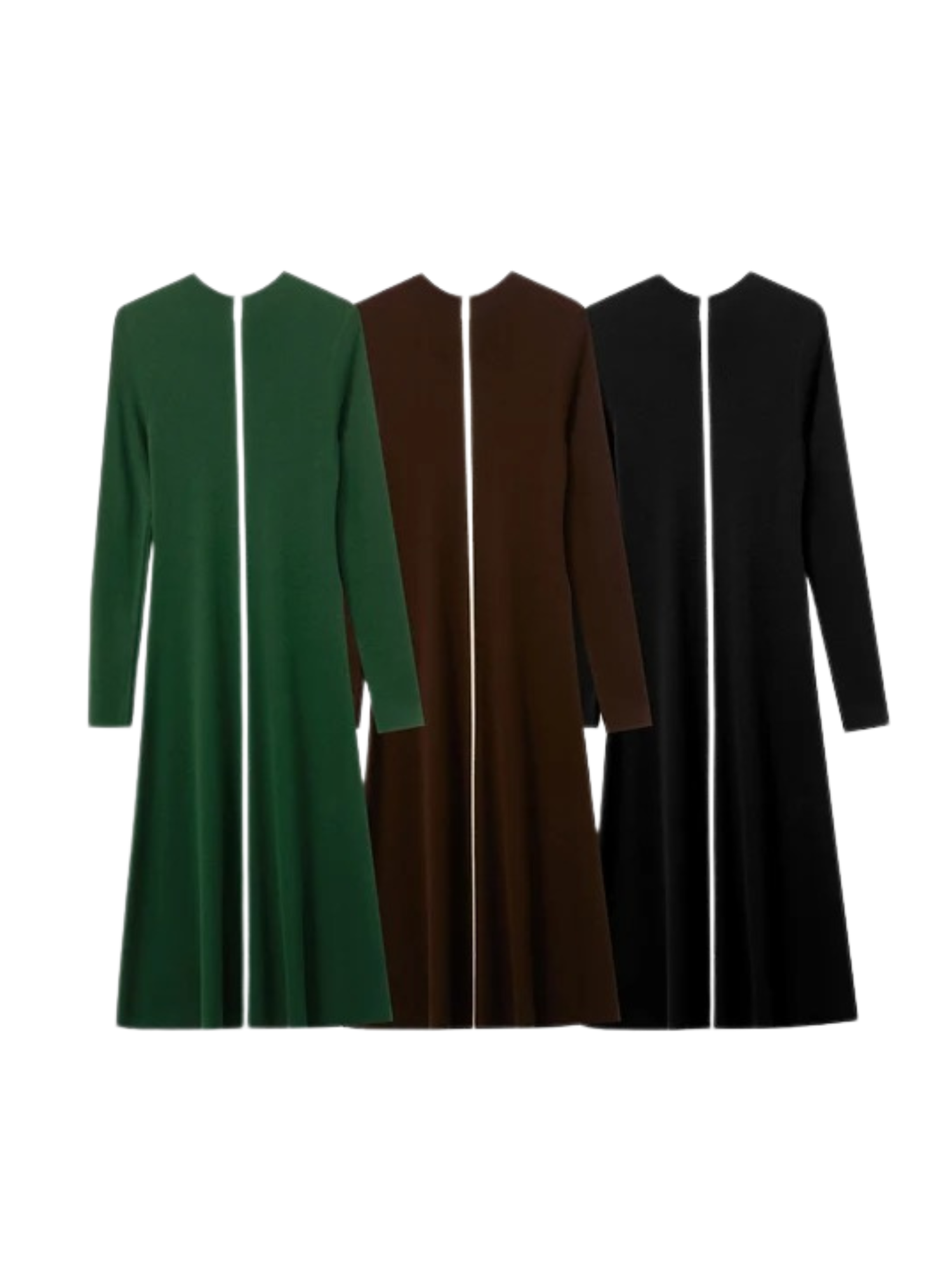 Color options for women's long-sleeve midi dress with front zipper in green, brown, and black
