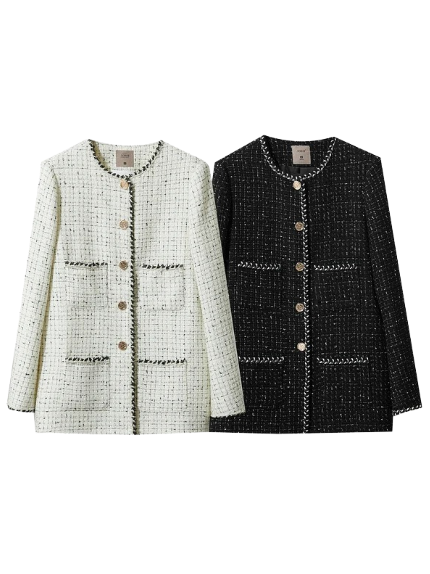 A small swatch image showing two color options for the outfit: cream and black tweed