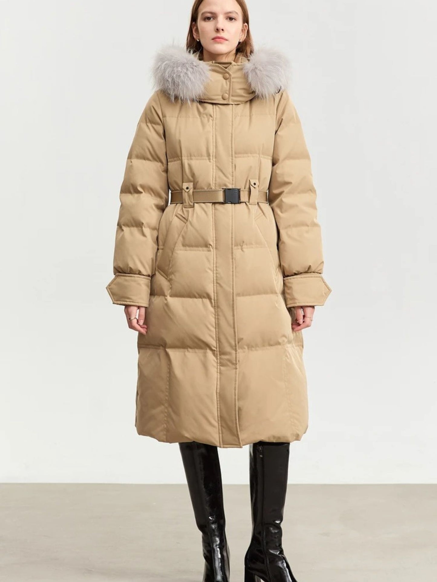 Long Hooded Puffer Coat with Removable Fur Collar and Adjustable Belt