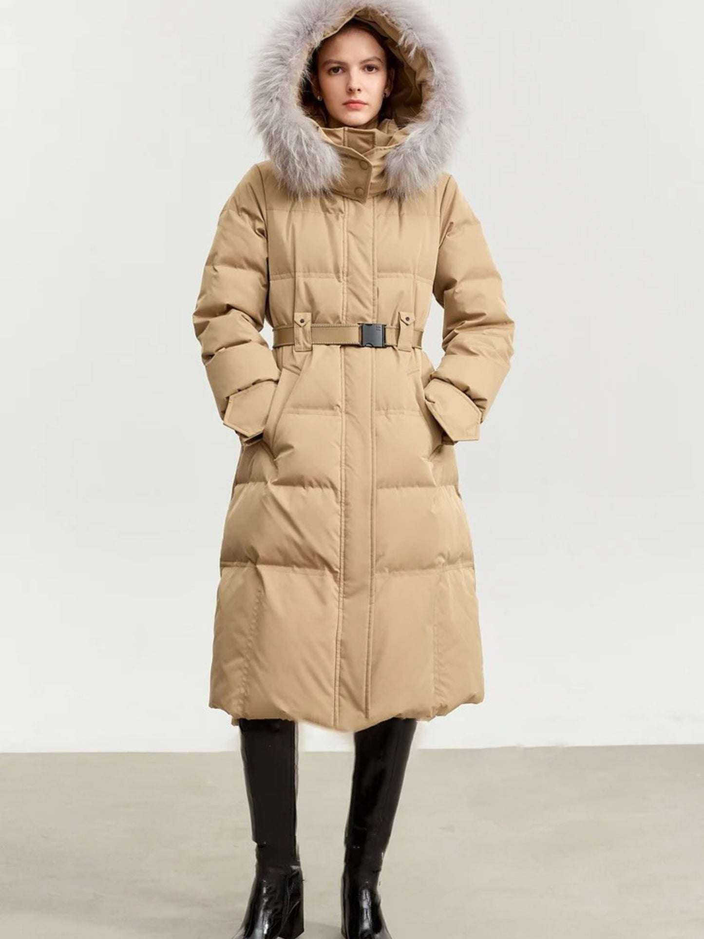 Long Hooded Puffer Coat with Removable Fur Collar and Adjustable Belt