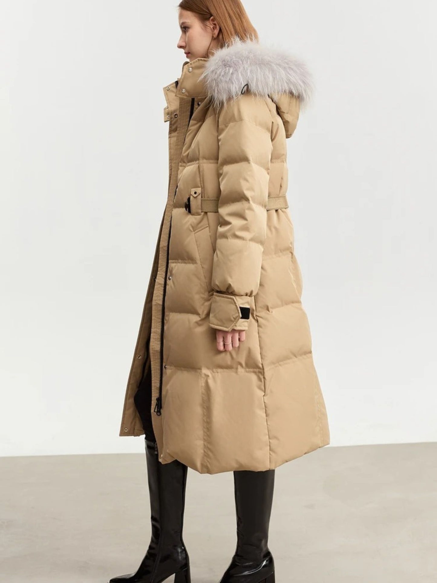 Long Hooded Puffer Coat with Removable Fur Collar and Adjustable Belt