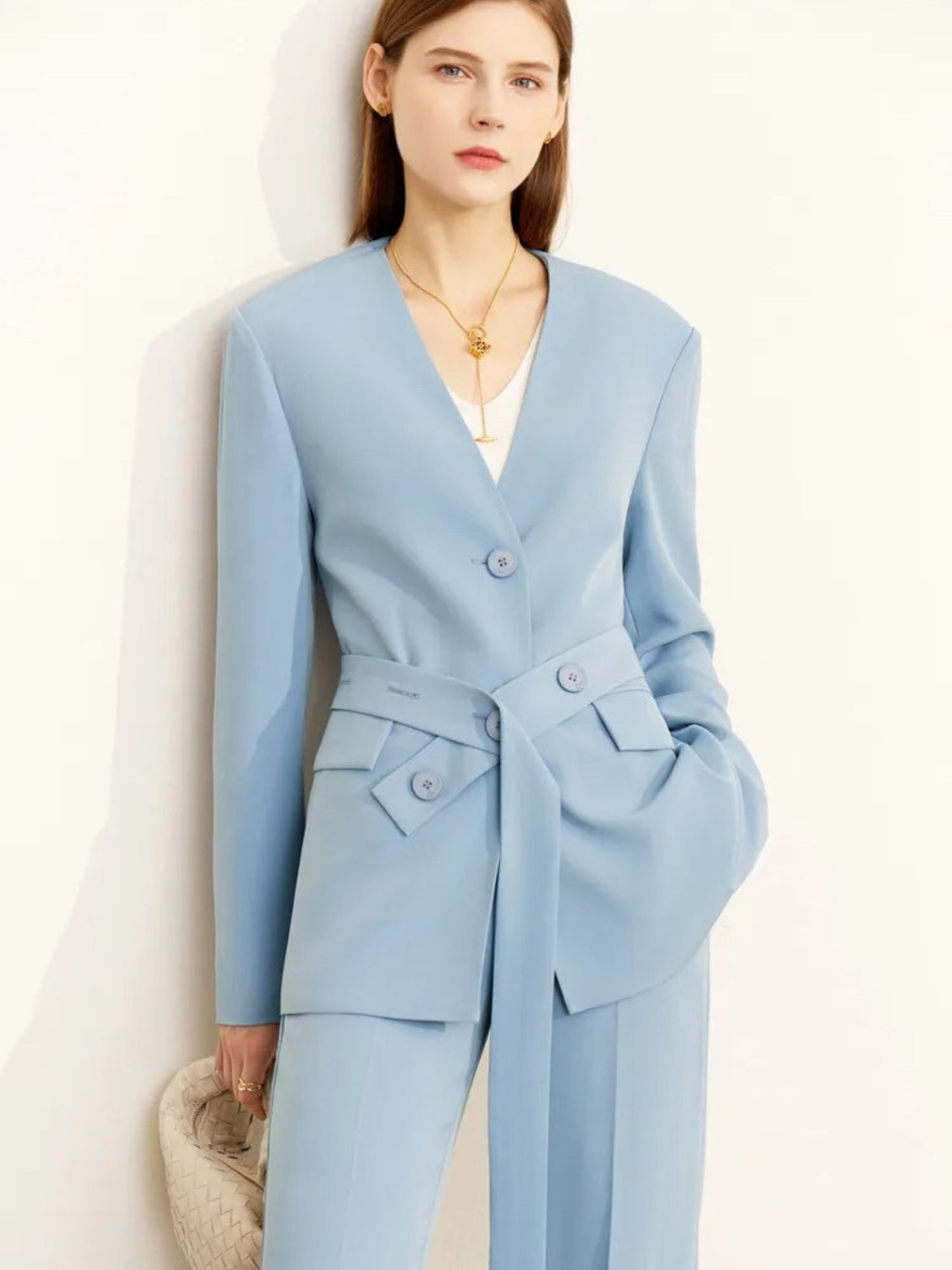 Minimalist V-Neck Blazer and Wide-Leg Trouser Set