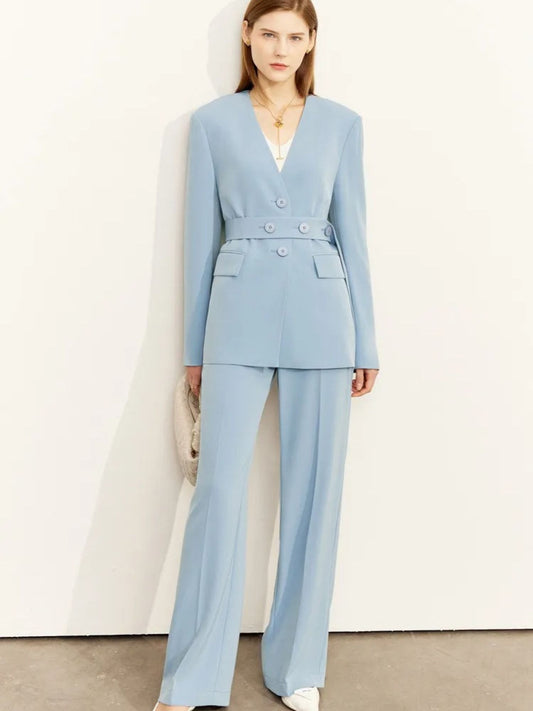Minimalist V-Neck Blazer and Wide-Leg Pants Set