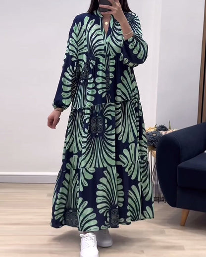 Myla | Long Dress with Stand-Up Collar and Long Sleeves, Patchwork Print