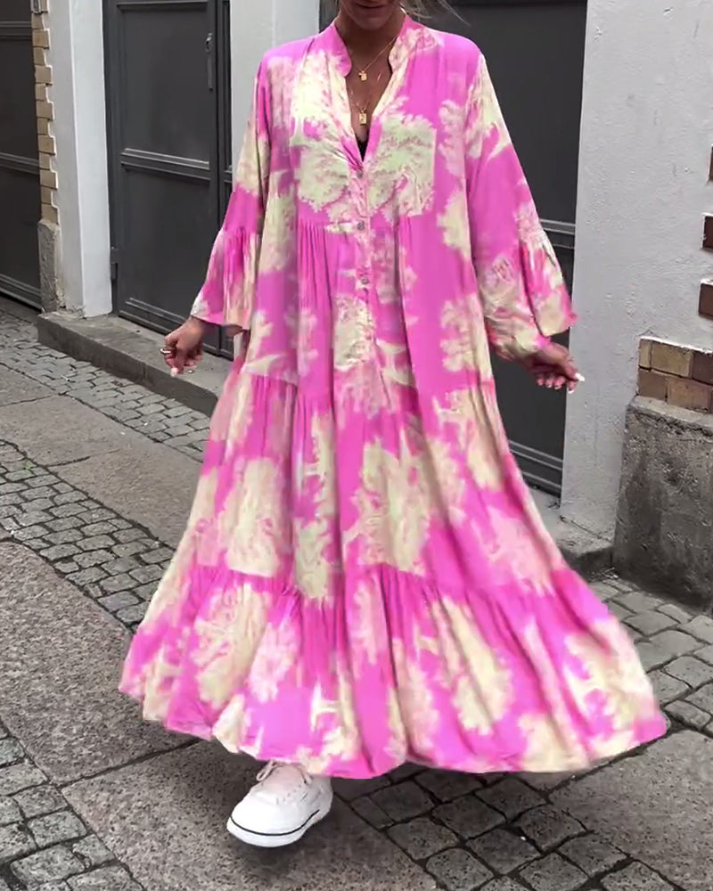Myla | Loose Printed Patchwork Dress with V-Neck and Bell Sleeves