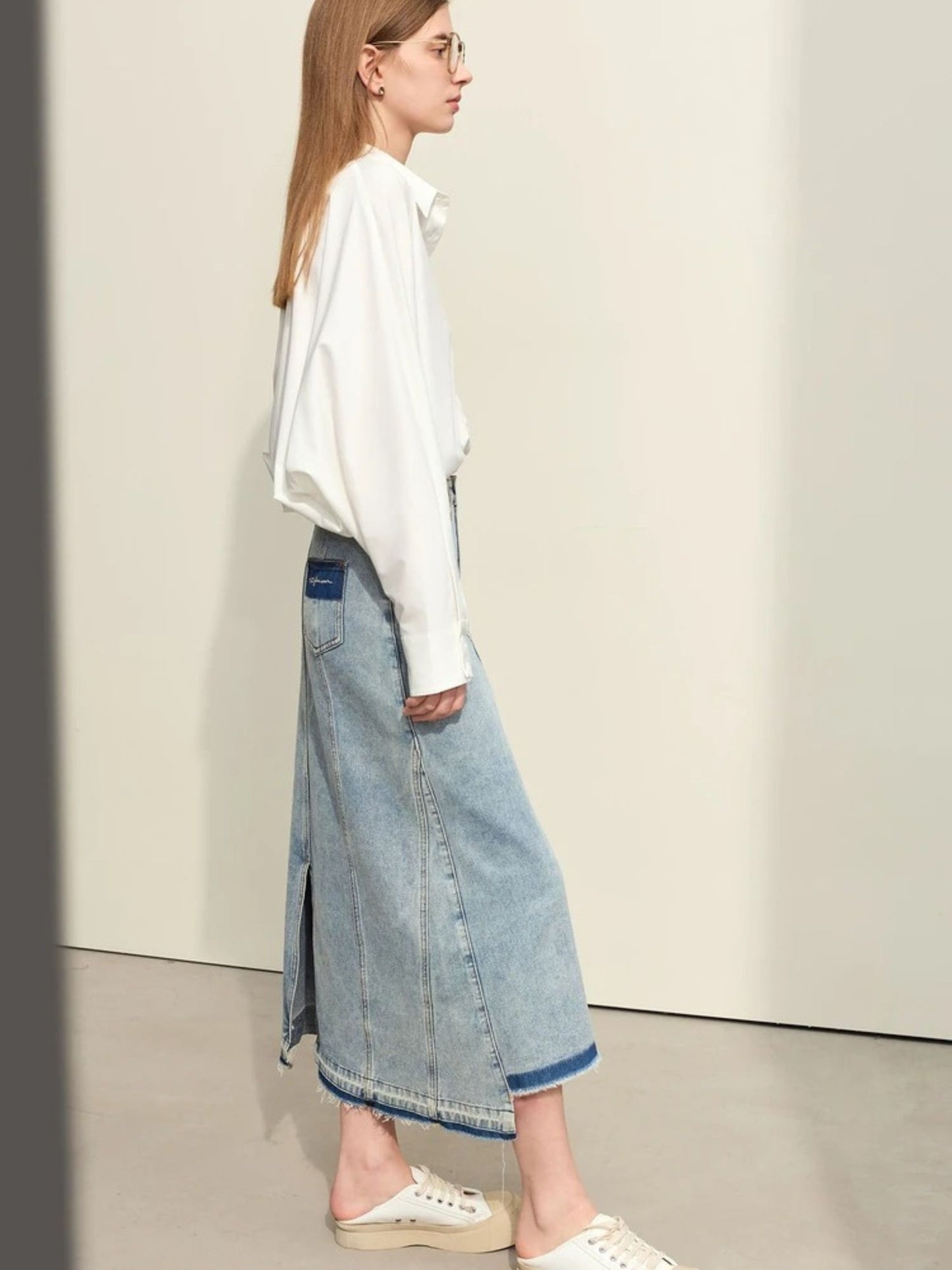 A-Line Denim Skirt with Distressed Hem