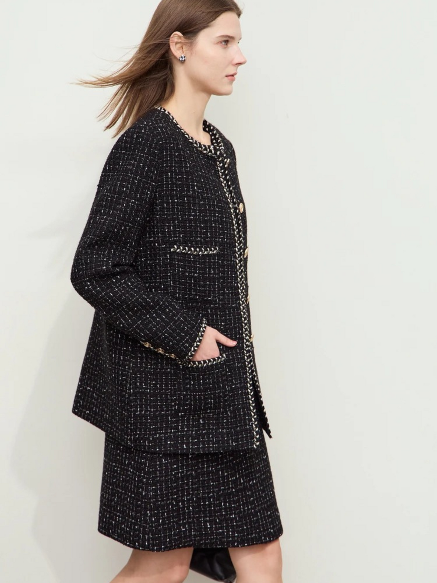 Tweed Woolen Jacket with Webbing Details