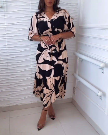 Myla | Elegant Dress with V-Neck and Three-Quarter Sleeves with Drawstring