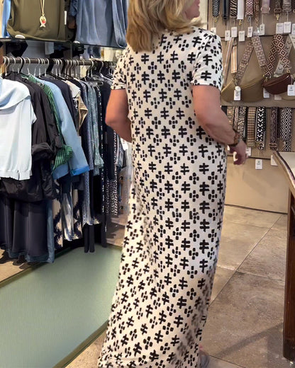Myla | Casual Printed Long Dress with V-Neck and Short Sleeves