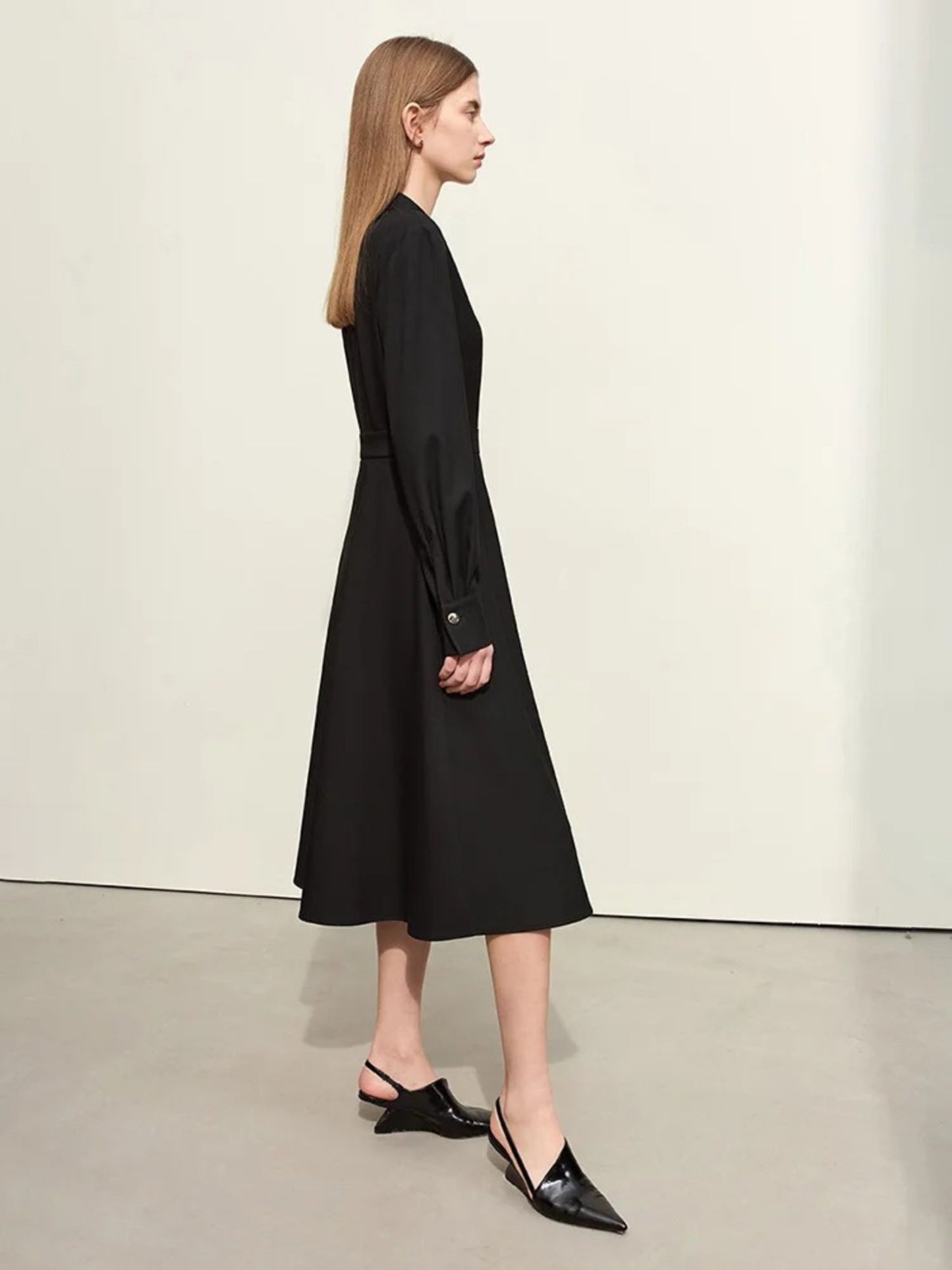 Asymmetrical Mid-Calf Dress with Metal Buckle Waist