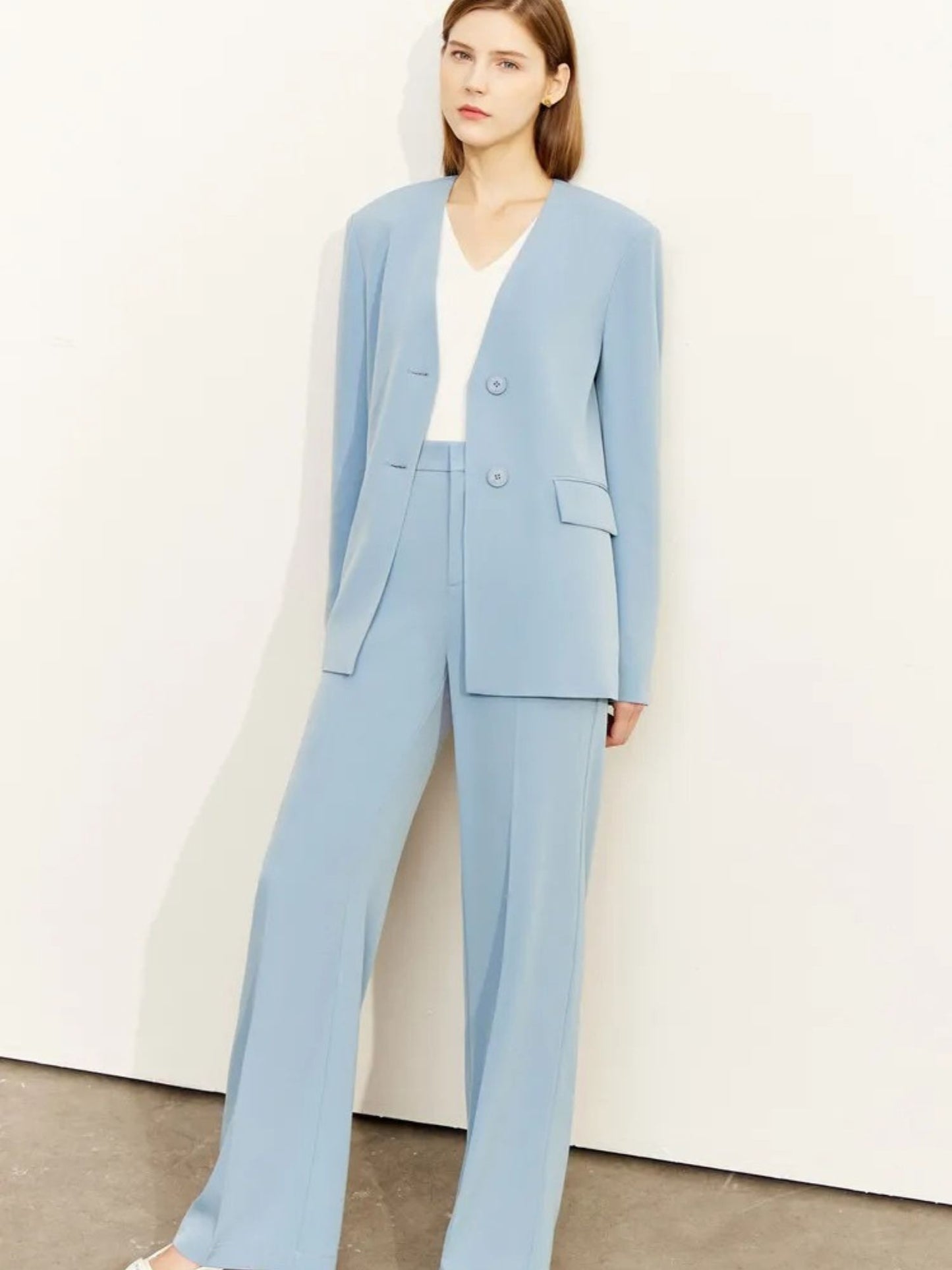 Minimalist V-Neck Blazer and Wide-Leg Trouser Set