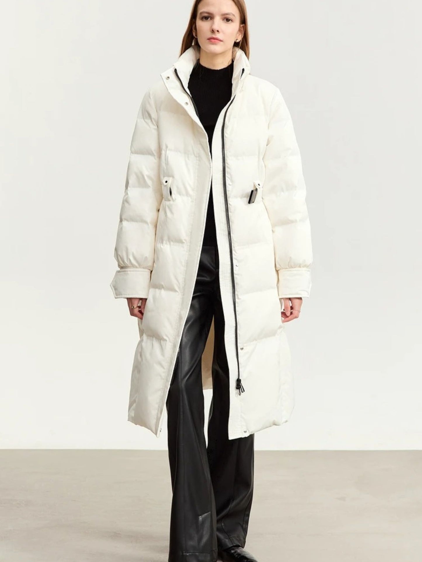 Long Hooded Puffer Coat with Removable Fur Collar and Adjustable Belt