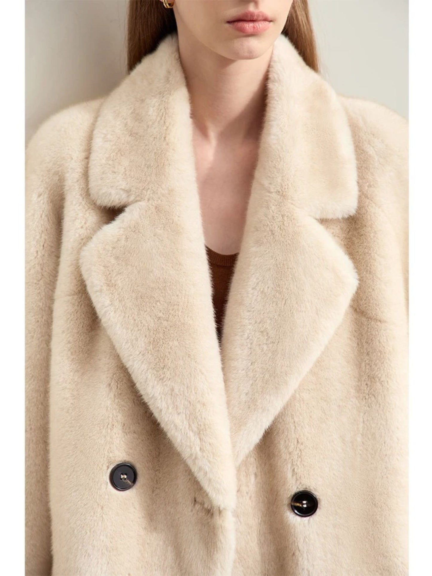 Faux Fur Double-Breasted Winter Coat with Turn-Down Collar