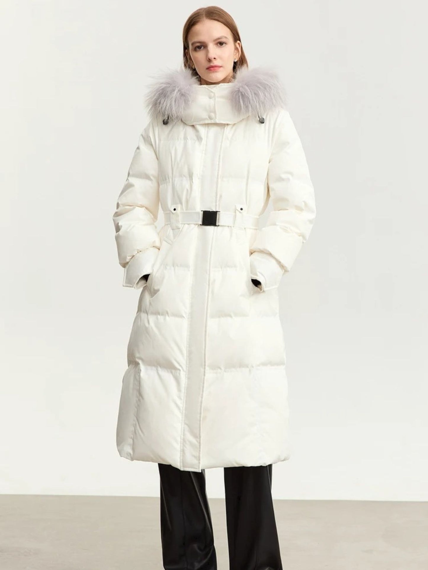 Long Hooded Puffer Coat with Removable Fur Collar and Adjustable Belt