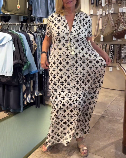 Myla | Casual Printed Long Dress with V-Neck and Short Sleeves