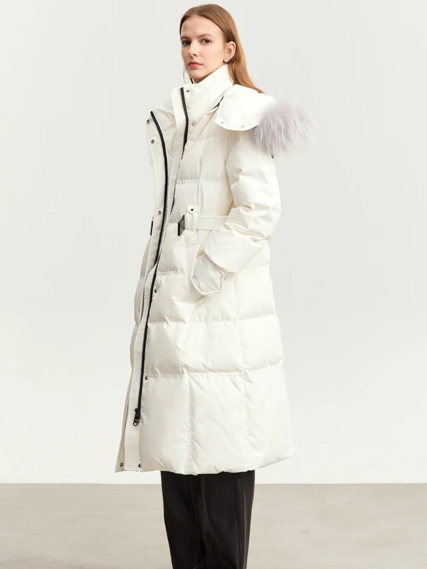 Long Hooded Puffer Coat with Removable Fur Collar and Adjustable Belt