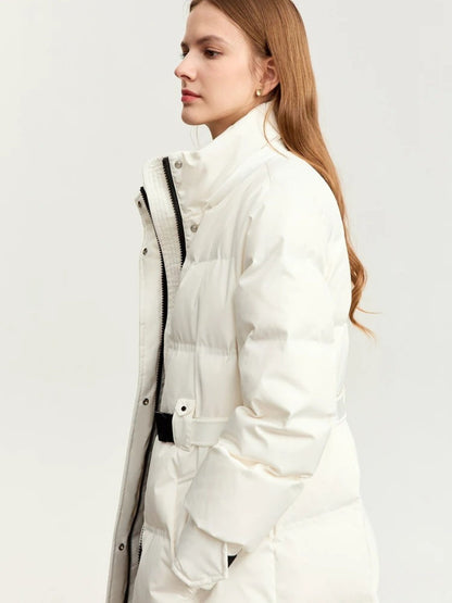 Close-up side view of the white coat's upper portion, showing the high collar and zipper closure