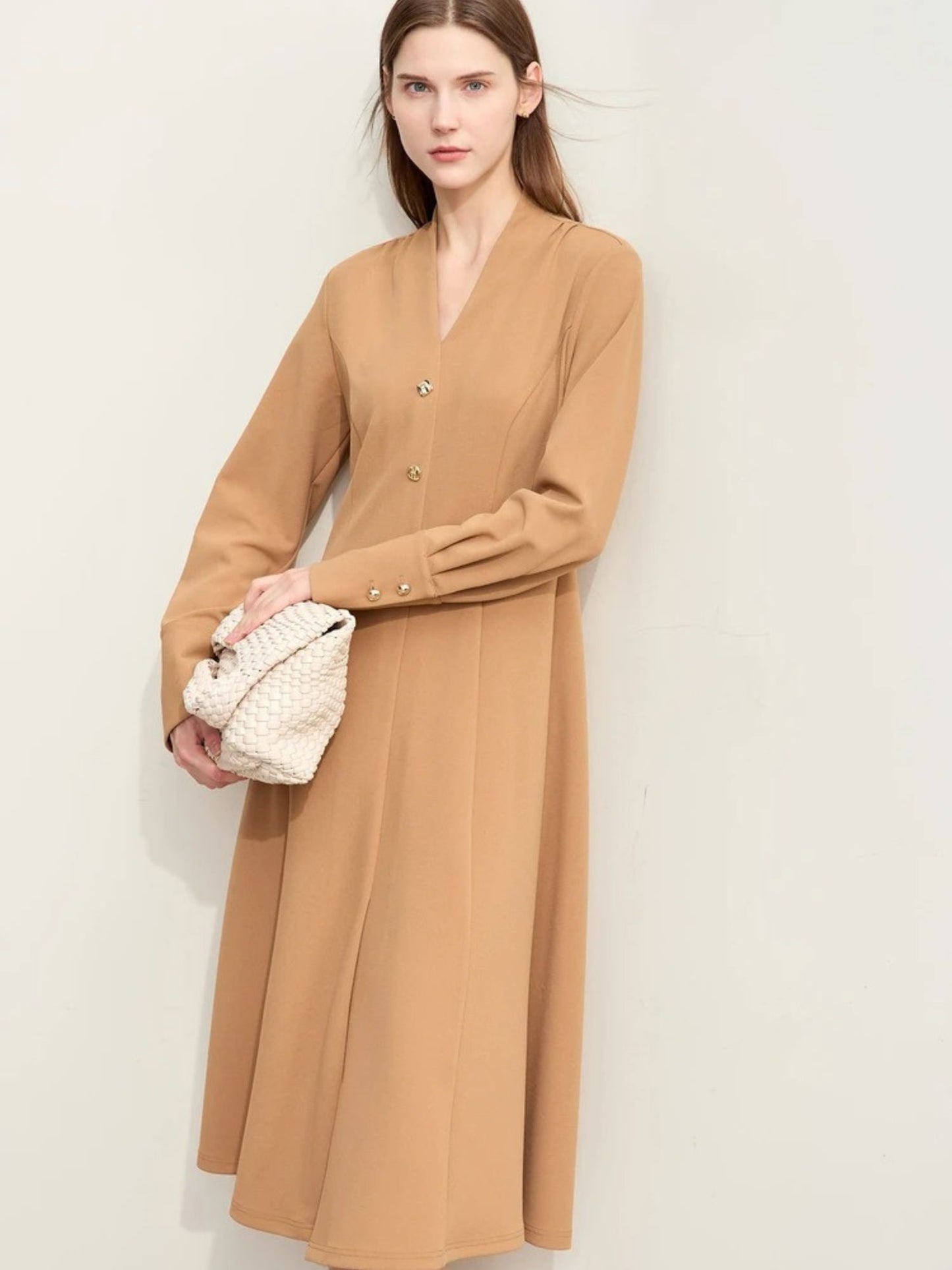 V-Neck Mid-Calf Dress with Cuffed Sleeves