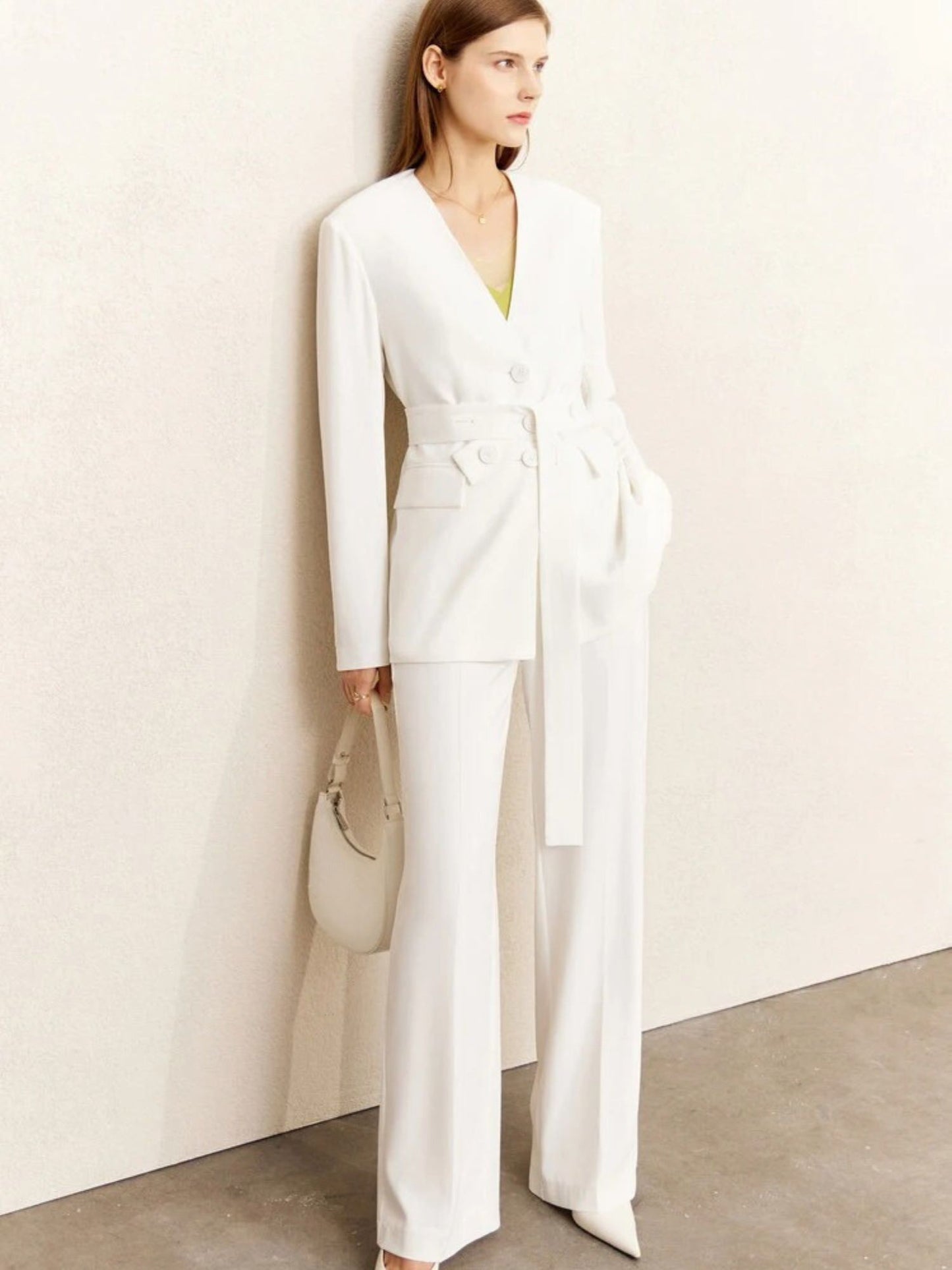 Minimalist V-Neck Blazer and Wide-Leg Trouser Set