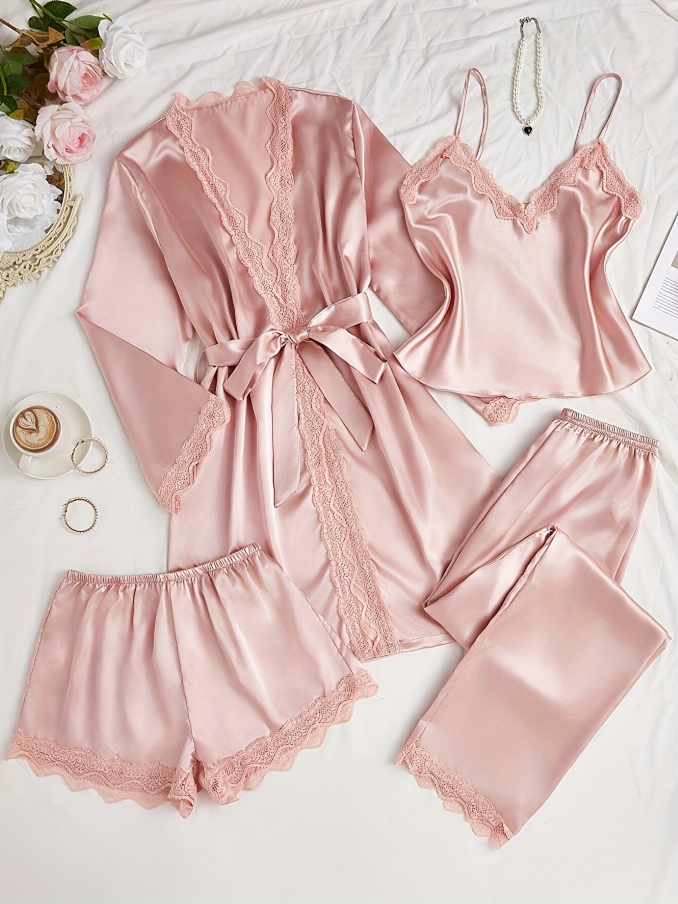 Myla | Elegant Satin 4-Piece Pajama Set with Lace Trim for Women Perfect for Every Day