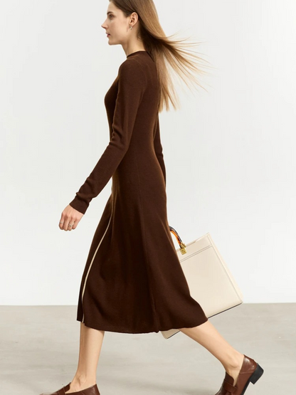 Side view of model walking in brown long-sleeve midi dress with front zipper and fitted silhouette