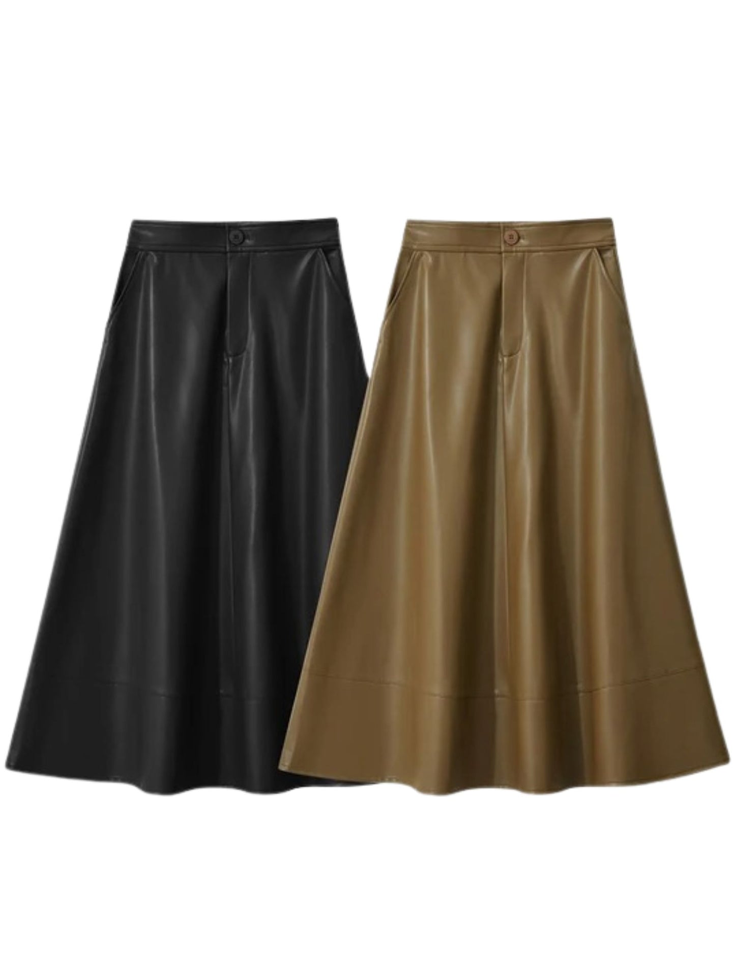 Flat lay of black and brown faux leather A-line midi skirts showing smooth texture and flared hem