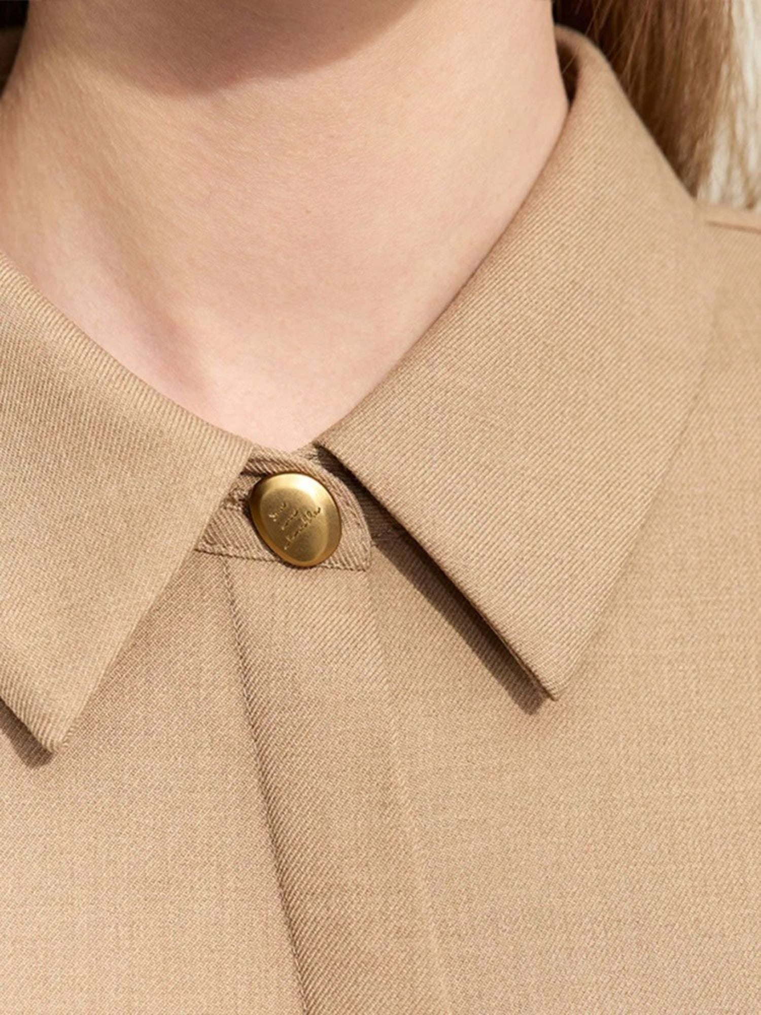Detailed view of camel dress pointed collar with metallic gold button closure
