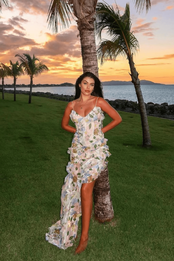Myla | White Dress with Leaf Pattern and Ruffles for Women