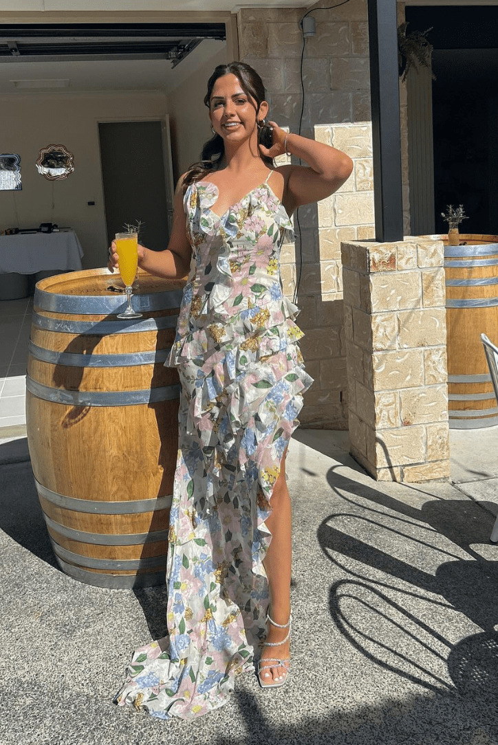 Myla | White Dress with Leaf Pattern and Ruffles for Women