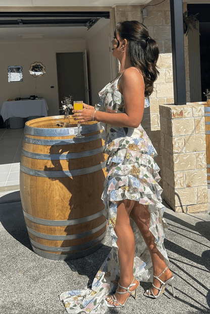 Myla | White Dress with Leaf Pattern and Ruffles for Women