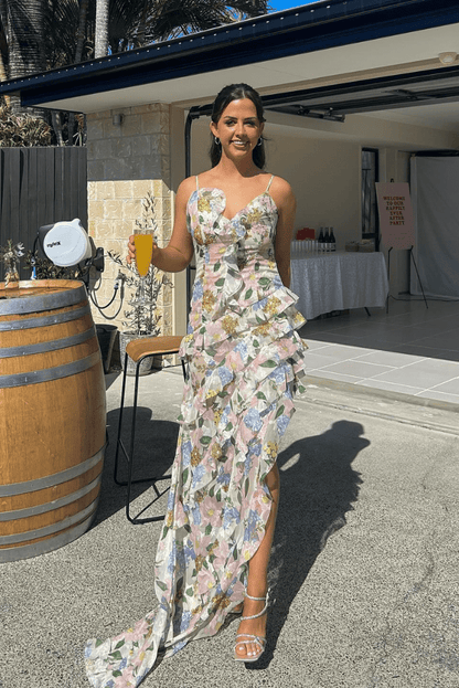 Myla | White Dress with Leaf Pattern and Ruffles for Women