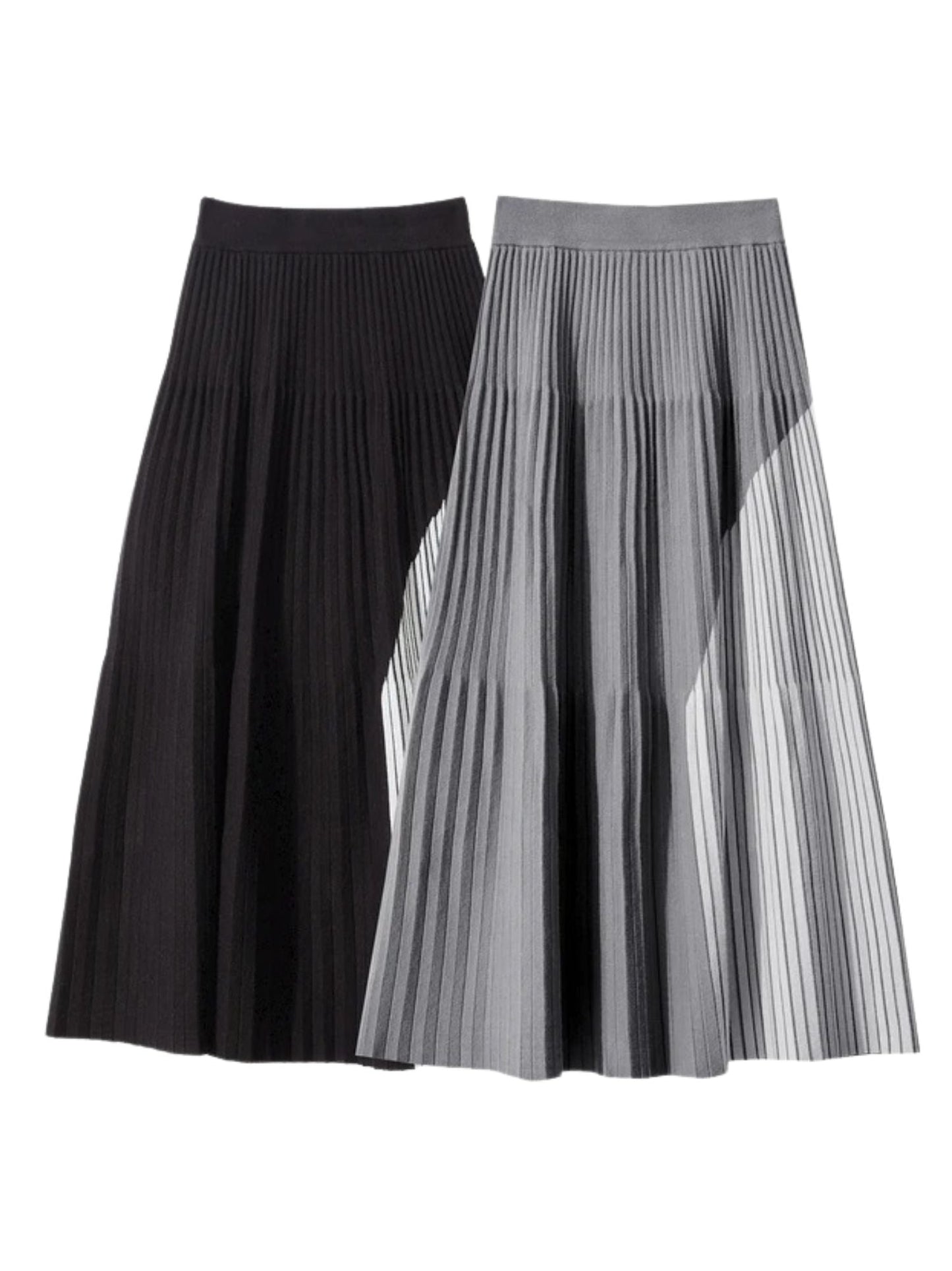 Flat lay of black and gray pleated midi skirts with asymmetrical color-block panels