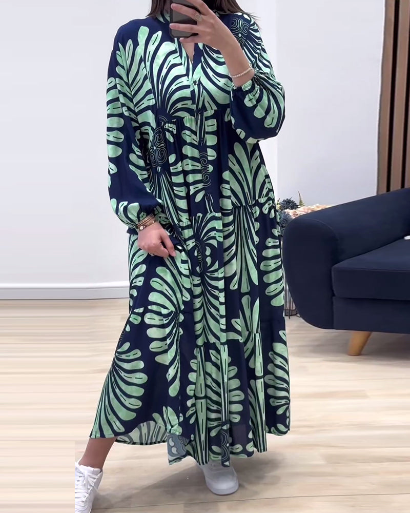 Myla | Long Dress with Stand-Up Collar and Long Sleeves, Patchwork Print