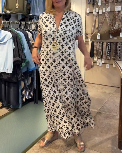 Myla | Casual Printed Long Dress with V-Neck and Short Sleeves