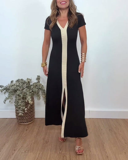 Myla | Elegant Dress with V-Neck and Slit In Contrast Print