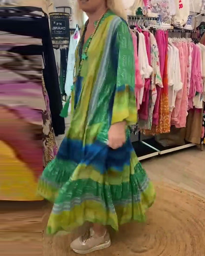 Myla | Printed, Casual, Long Dress with Flared Sleeves and V-Neck