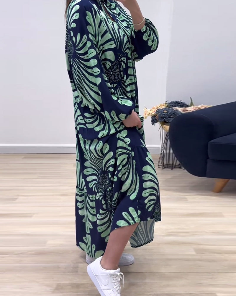 Myla | Long Dress with Stand-Up Collar and Long Sleeves, Patchwork Print