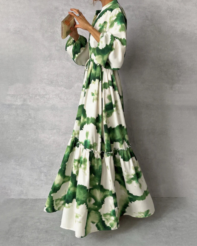 Myla | Elegant Batik Patchwork Dress with Drawstring and Balloon Sleeves