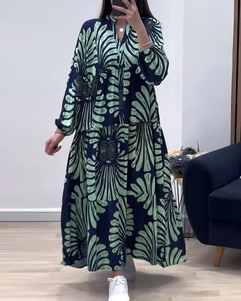 Myla | Long Dress with Stand-Up Collar and Long Sleeves, Patchwork Print