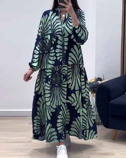 Myla | Long Dress with Stand-Up Collar and Long Sleeves, Patchwork Print