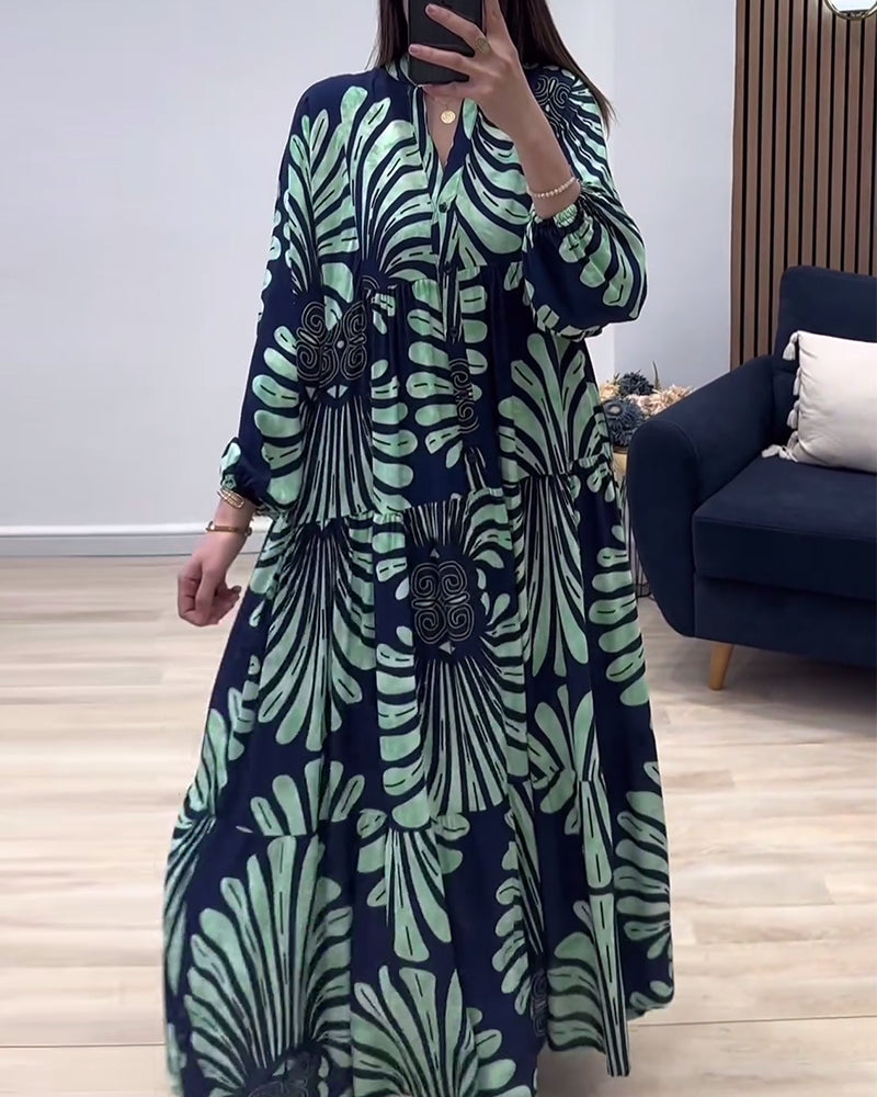 Myla | Long Dress with Stand-Up Collar and Long Sleeves, Patchwork Print