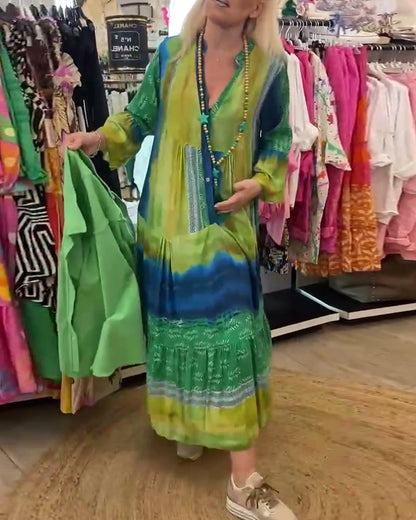 Myla | Printed, Casual, Long Dress with Flared Sleeves and V-Neck