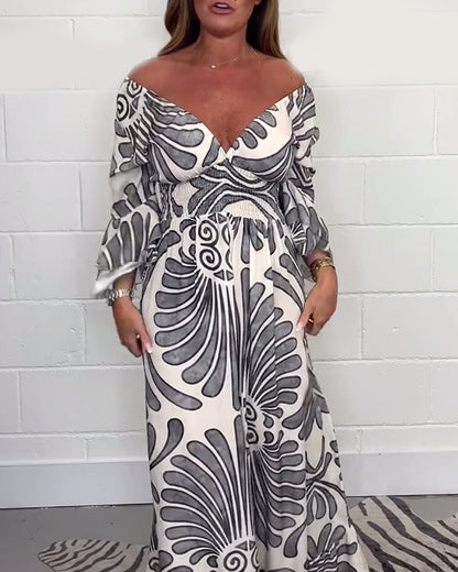 Myla | Loose Jumpsuit with Deep V-Retro Print and Bell Sleeves
